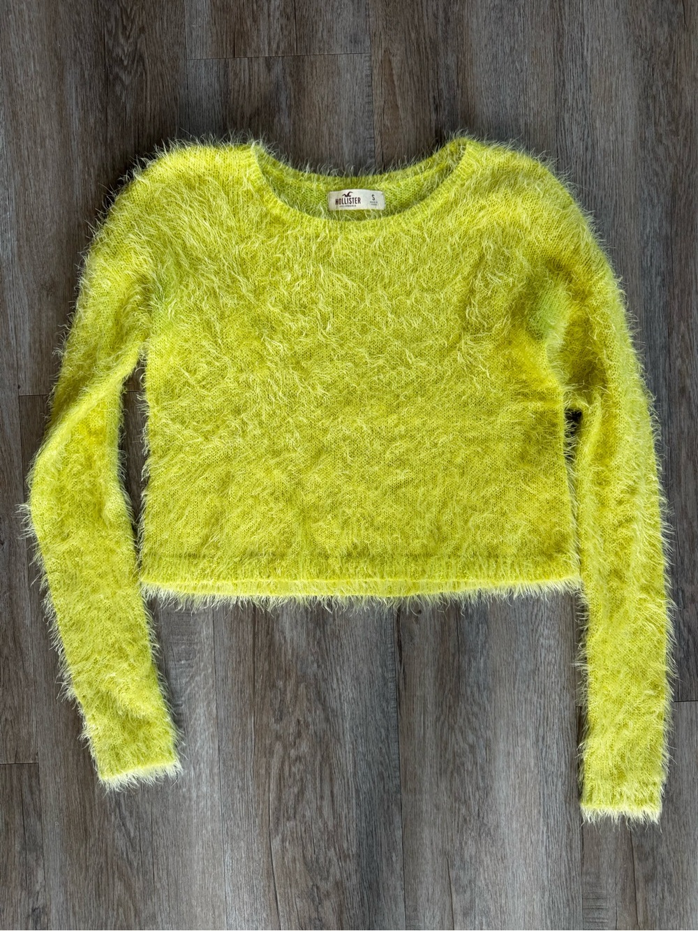 Hollister Neon Yellow Fuzzy Crew Neck Crop Sweater